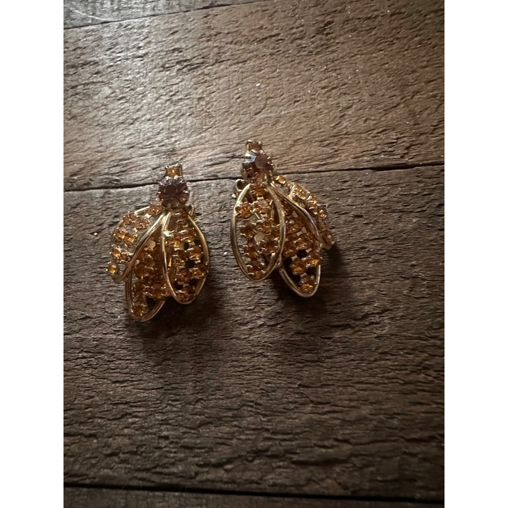 Vintage Hobe Gold Tone‎ Bees Clip-On Earrings With Rhinestones - Picture 9 of 9